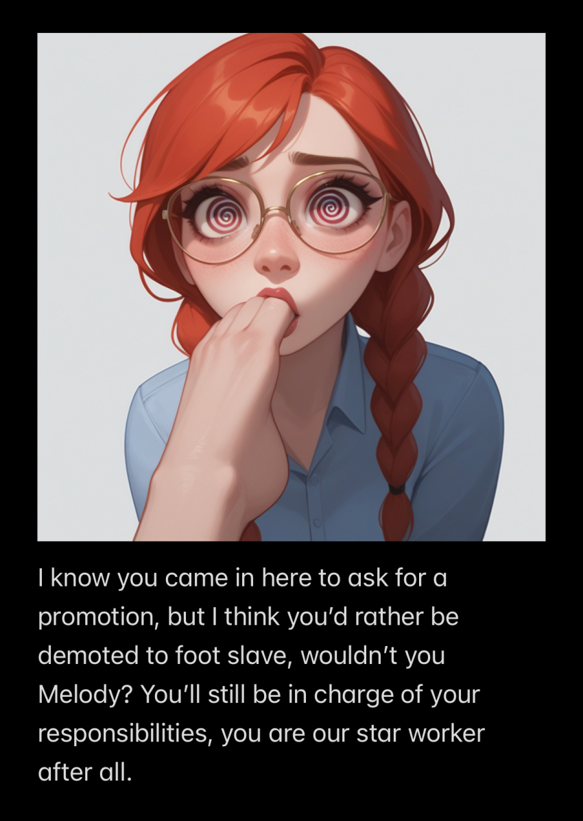 ai_art feet female_only femdom femsub foot_licking foot_worship notanartist_(generator) office_lady red_hair spiral_eyes story twin_braids