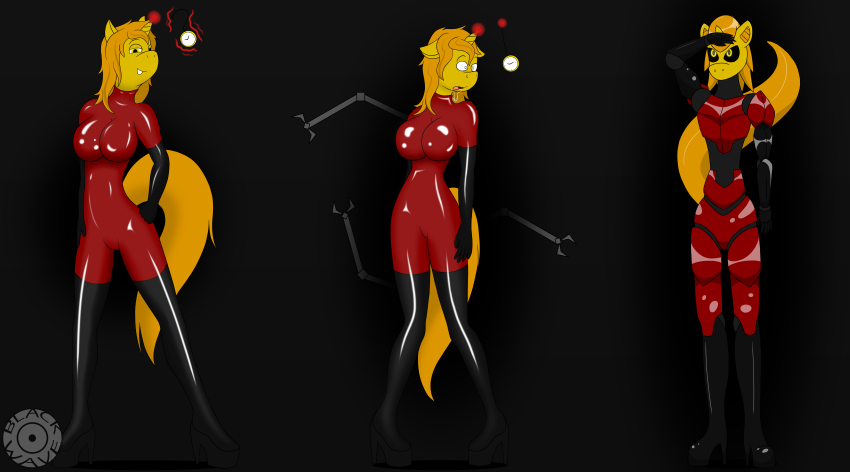 absurdres accidental_hypnosis black--wave breasts dream_searcher_(belgian) drool female_only femsub furry large_breasts latex open_mouth orange_hair orange_skin original pocket_watch robot robotization self_hypnosis sequence shrunken_irises smile tech_control yellow_eyes