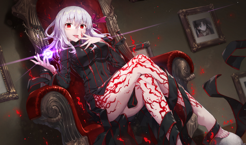 alternate_costume alternate_hair_color angra_mainyu ass aura bare_legs barefoot body_markings breasts chair corruption crossed_legs dark_sakura empty_eyes evil_smile fate/stay_night fate/stay_night_heaven's_feel fate_(series) femsub glowing hair_ribbon happy_trance itsuyudan large_breasts licking long_hair looking_at_viewer magic orb possession red_eyes ribbon rin_tohsaka sakura_matou sitting smile thighs tongue tongue_out white_hair
