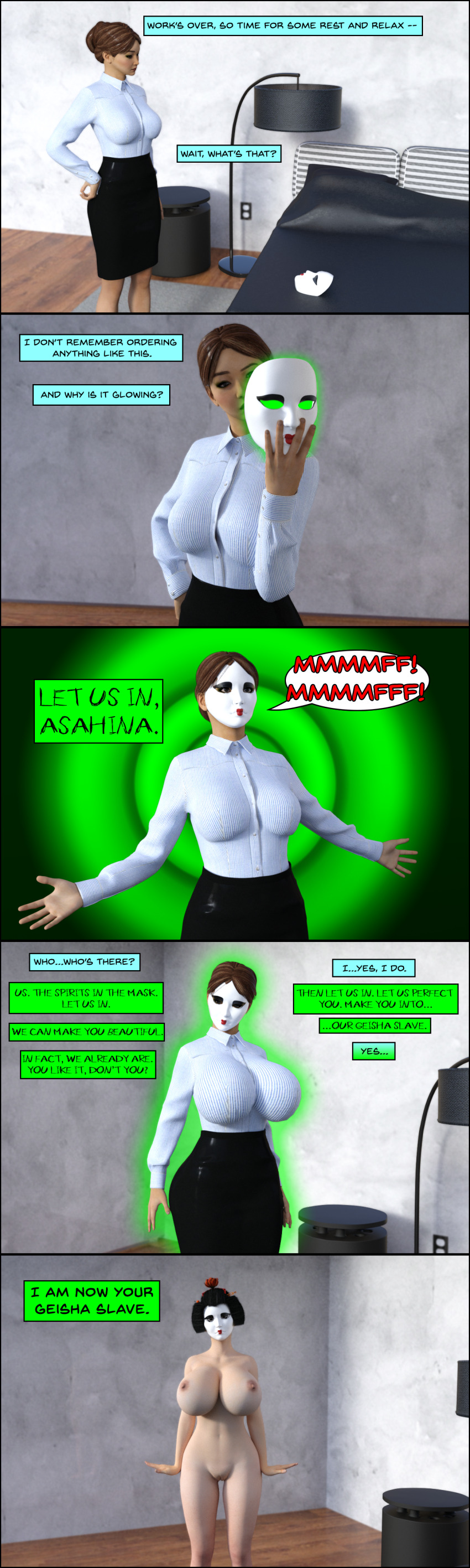 3d absurdres asahina_(theheckle) breasts comic dialogue female_only femsub geisha large_breasts mask original preview text theheckle
