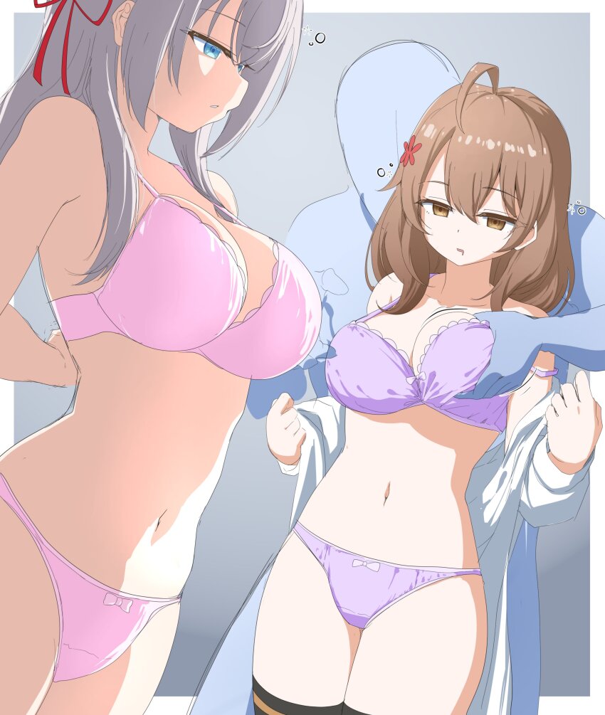 ahoge alisa_mikhailovna_kujou alya_sometimes_hides_her_feelings_in_russian blue_eyes bra breast_grab breasts brown_eyes brown_hair clothed dazed drool empty_eyes etlabsotwe expressionless femsub groping hair_ornament large_breasts long_hair maria_mikhailovna_kujou navel open_mouth panties sisters thighhighs unaware underwear white_hair