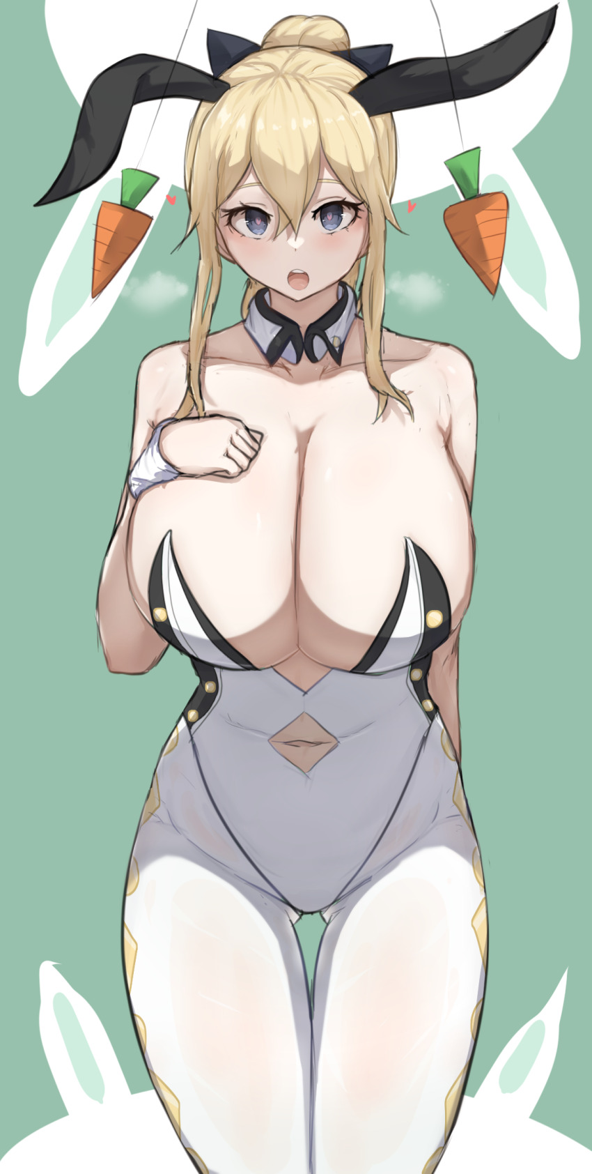 bare_shoulders blonde_hair blue_eyes blush breasts breath bunny_ears bunny_girl bunnysuit carrot cleavage cuffs fake_animal_ears female_only femsub genshin_impact heart heart_eyes huge_breasts jean_gunnhildr navel open_mouth panting pendulum ponytail skyhood solo standing symbol_in_eyes tongue