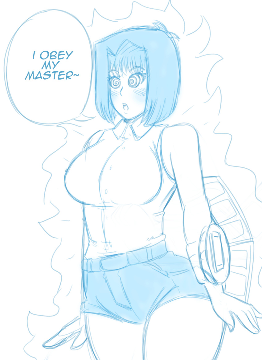 blush breasts expressionless female_only femsub kobi94 large_ass large_breasts magic open_mouth short_hair short_shorts shorts sketch spiral_eyes standing standing_at_attention sweat symbol_in_eyes tea_gardner text yu-gi-oh!