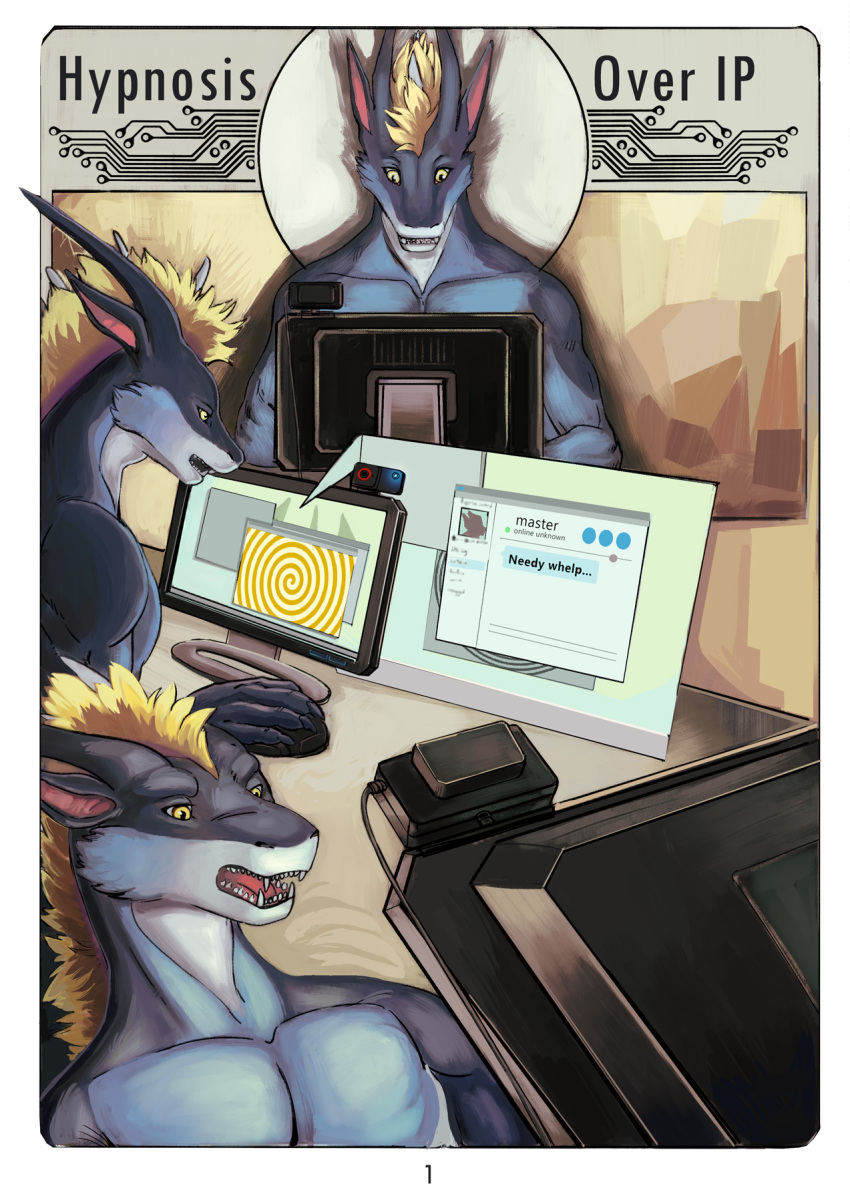 abs blonde_hair blue_skin comic computer dazed di19826 dragon_boy furry horns hypnotic_screen male_only malesub non-human_feet open_mouth original short_hair sitting spiral tail teryx_commodore text yaoi yellow_eyes