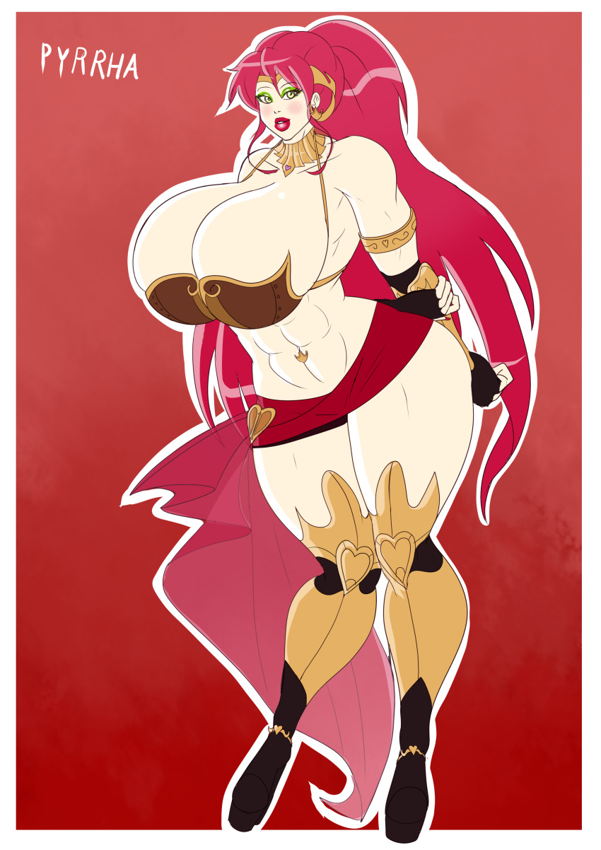 abs absurdres bimboannon bimbofication breasts collar earrings eyeshadow female_only femsub green_eyes high_heels huge_breasts huge_hips jewelry large_breasts large_lips lipstick long_hair long_nails makeup ponytail pyrrha_nikos red_hair red_lipstick rwby smile text