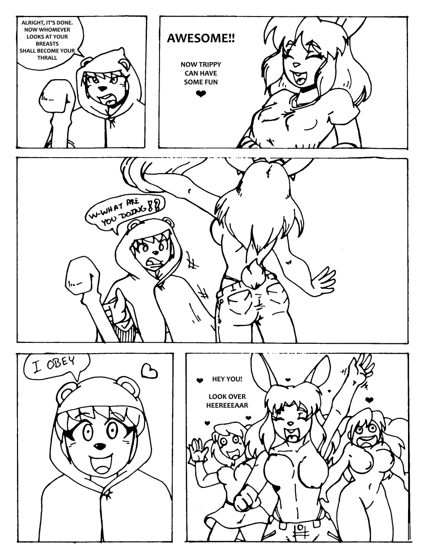 absurdres bear_girl breasts bunny_girl comic crazycowproductions dialogue femdom femsub greyscale hypnotic_breasts large_breasts original text topless traditional trippy_(trippy) turning_the_tables