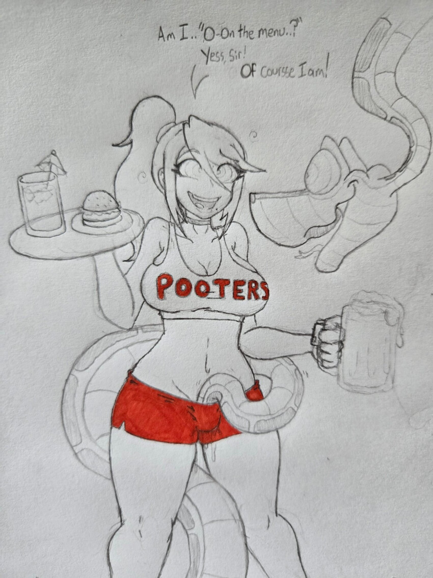 blonde_hair breasts disney femsub hooters kaa kaa_eyes large_breasts long_hair m1csounders maledom metroid_(series) nintendo ponytail samus_aran short_shorts shorts smile snake tail tail_sex the_jungle_book traditional waitress