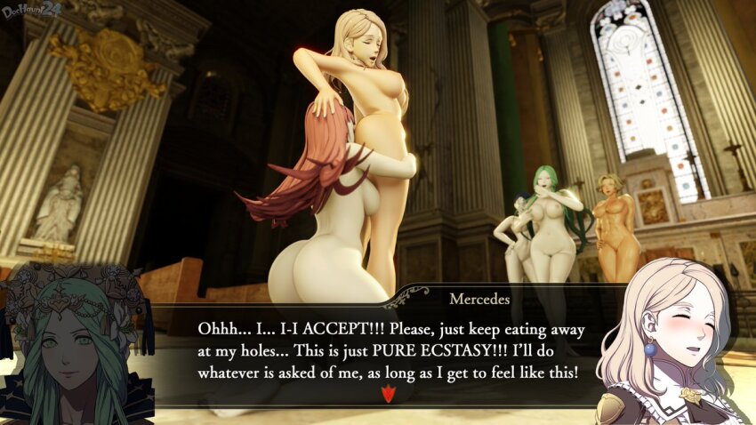 bottomless breasts catherine_(fire_emblem) cunnilingus dochaunt english_text femdom femsub fire_emblem fire_emblem_three_houses hilda_valentine_goneril hypnotized_hypnotist mercedes_von_martritz nintendo nude oral rhea_(fire_emblem_three_houses) shamir_nevrand tagme text topless yuri