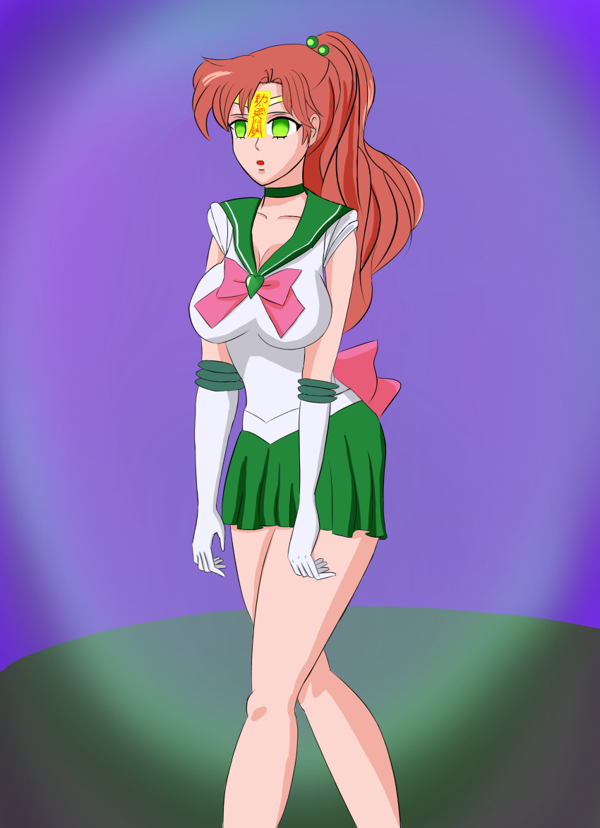 bow bow_tie brown_hair cleavage empty_eyes expressionless female_only femsub giyu gloves green_eyes headband hypnotized_walking large_breasts magical_girl open_mouth ponytail sailor_jupiter sailor_moon_(series) skirt solo talisman