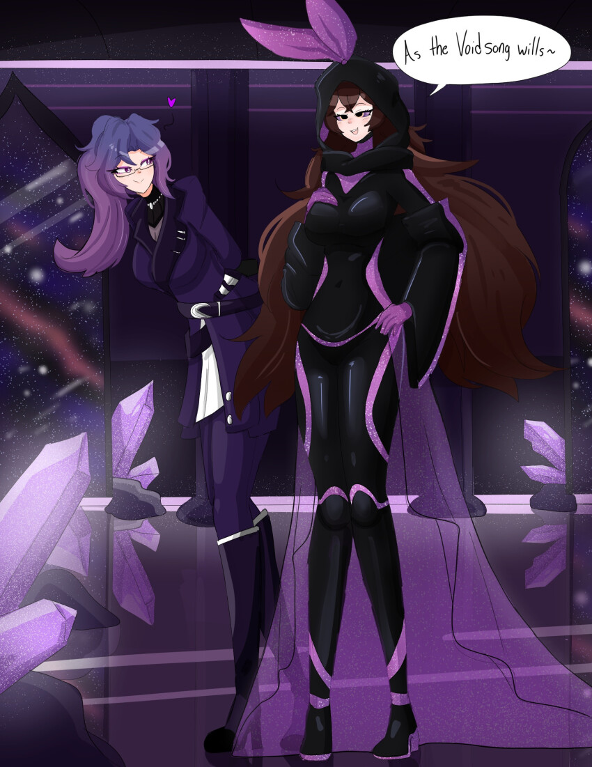 a_singular_fish amber_(genshin_impact) arm_warmers arms_behind_back bangs belt black_eyes black_hair bodysuit brown_hair cape cleavage clothed complex_background crossed_arms dress_shirt eyebrows_visible_through_hair eyeshadow female_only femdom femsub genshin_impact glasses gloves hand_on_hip happy_trance hoodie large_breasts leaning_forward leggings long_hair multicolored_eyes multicolored_hair necklace neiryn open_mouth original ponytail purple_eyes purple_hair purple_sclera ribbon skirt smile suit text thigh_heels wide_hips yellow_eyes