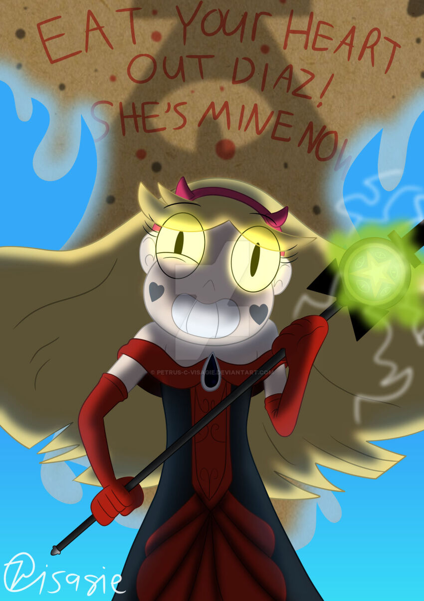 bill_cipher blonde_hair crossover disney dress evil_smile flame gloves gravity_falls magic_wand petrus-c-visagie possession star_butterfly star_vs_the_forces_of_evil text yellow_eyes