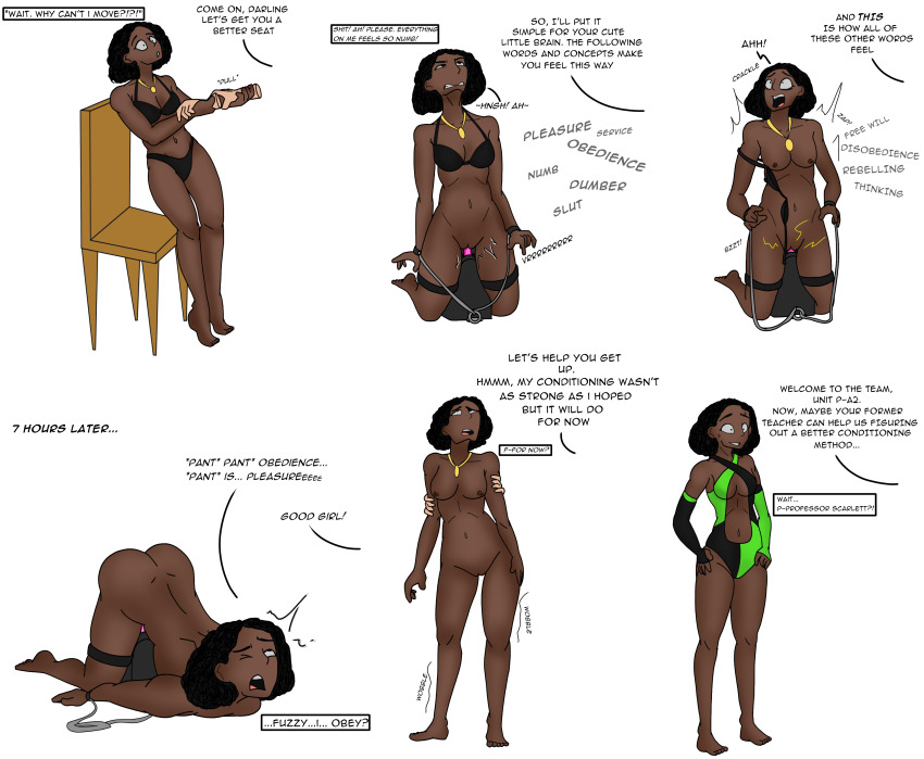 alternate_costume barefoot black_hair bondage bottomless bra chair comic dark_skin dialogue eye_roll femsub gloves nude opera_gloves panties shrunken_irises swimsuit sybian thighhighs topless tragicsolitudedragon underwear uniform vibrator