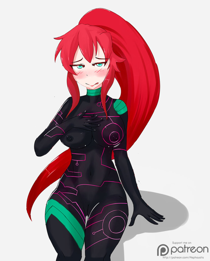 alternate_costume blush bottomless breasts corruption female_only femsub green_eyes gurren_lagann large_breasts long_hair mephaustis nude ponytail red_hair thigh_gap thighhighs tongue tongue_out topless yoko_littner