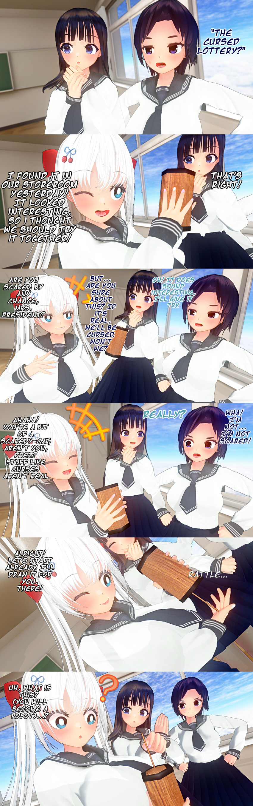 3d absurdres black_hair blue_eyes blush breasts brown_hair custom_maid_3d_2 dialogue english_text female_only hair_ornament huge_breasts humor large_breasts long_hair magic multiple_girls right_to_left school_uniform sequence short_hair skirt text tie twintails white_hair wink yaaya_aya