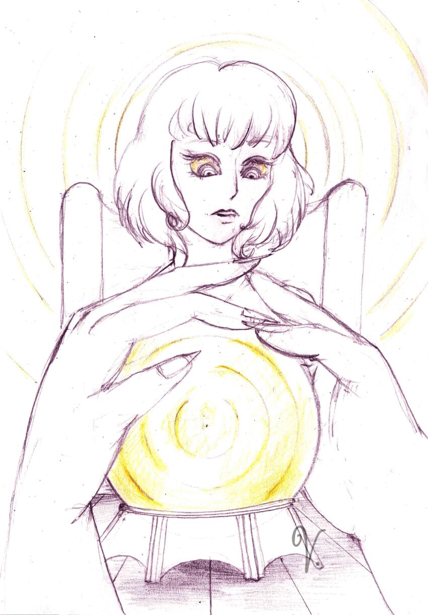 absurdres crystal_ball dazed expressionless female_only femsub glowing glowing_eyes justsketchingviolets magic open_mouth original short_hair sketch traditional
