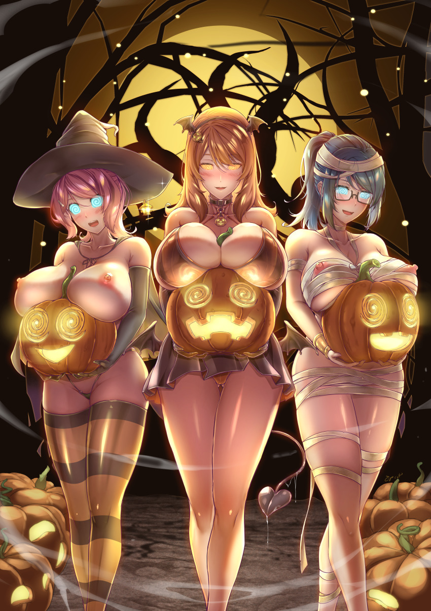 absurdres alexia_(electrickronos) bikini_bottom blue_hair blush breasts celes_(electrickronos) cigarcat cleavage collar costume fake_tail female_only femsub glasses halloween jack_o'_lantern large_breasts multiple_girls multiple_subs mummy night nipples open_mouth original pink_hair ponytail pumpkin skirt spiral_eyes succubus symbol_in_eyes thighhighs wendy_(electrickronos) witch_hat