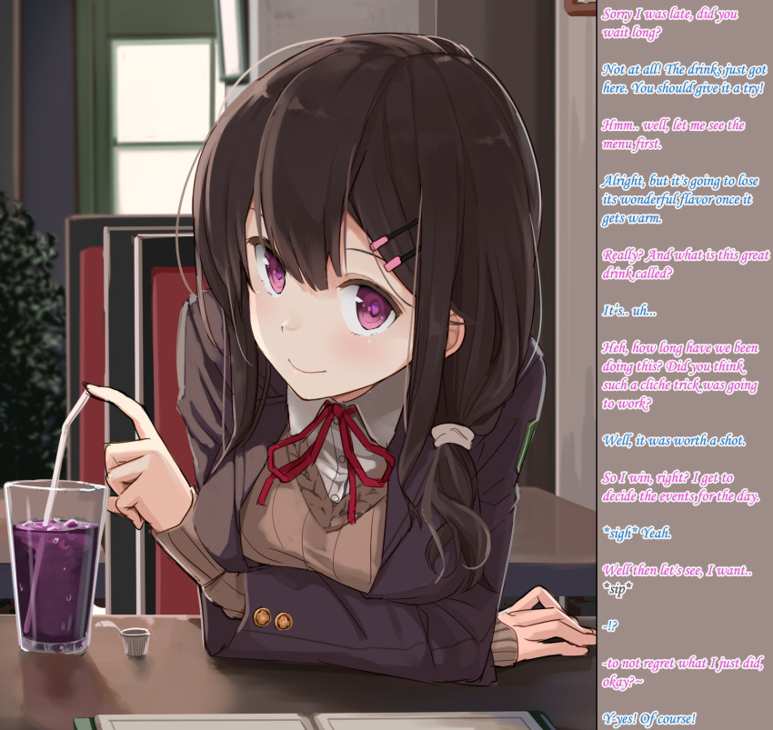 assertive_sub aware blush brown_hair caption character_request consensual cradily_(manipper) female_only femsub hair_ornament heart heart_eyes hypnotic_drink hypnotic_drug long_hair manip max_melon school_uniform smile symbol_in_eyes text wholesome