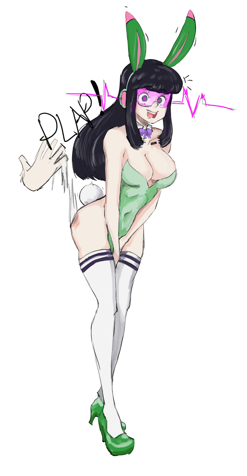 barcode bare_shoulders black_hair bow bow_tie breasts bunny_ears bunny_girl bunnysuit cleavage collarbone drool female_only femsub gguy123 green_eyes happy_trance headphones large_breasts long_hair multicolored_eyes open_mouth original phantom_hand shoes simple_background socks solo spanking straight-cut_bangs symbol_in_eyes tattoo tech_control text thighhighs visor white_background