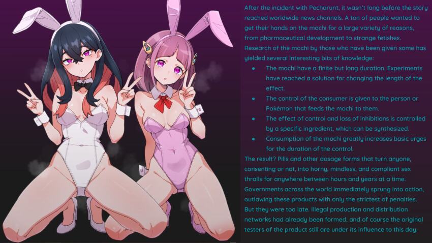 aphrodisiac bare_legs black_hair bow_tie breasts bunny_ears bunny_girl bunnysuit caption carmine_(pokemon) cleavage clothed cuffs double_v expressionless fake_animal_ears female_only femsub gradient_background hair_clips high_heels hypnotic_drug kamidan kneeling lacey_(pokemon) long_hair looking_at_viewer multicolored_hair multiple_subs navel nintendo onlyharmony_(manipper) pink_hair pokemon pokemon_scarlet_and_violet purple_eyes red_hair simple_background spread_legs text thighs v