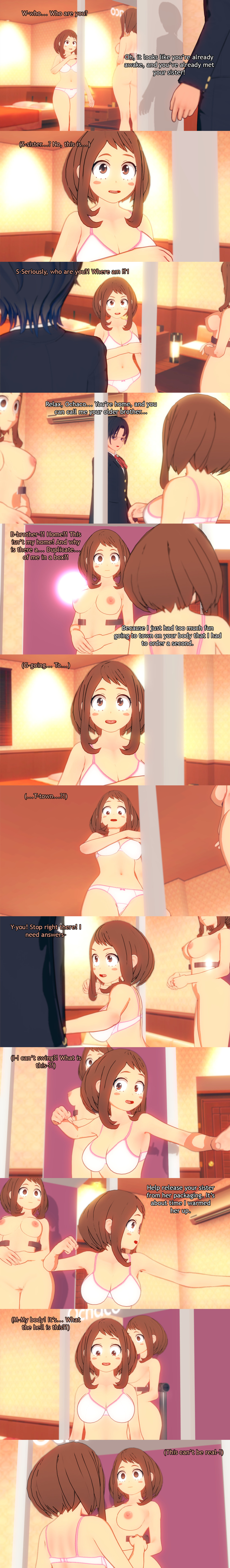 absurdres aware black_hair body_control bra breasts brown_eyes brown_hair clone clothed confused dialogue dollhouse empty_eyes english_text expressionless femsub glasses maledom multiple_girls multiple_subs my_hero_academia nipples nude ochaco_uraraka packaged panties sequence short_hair text underwear