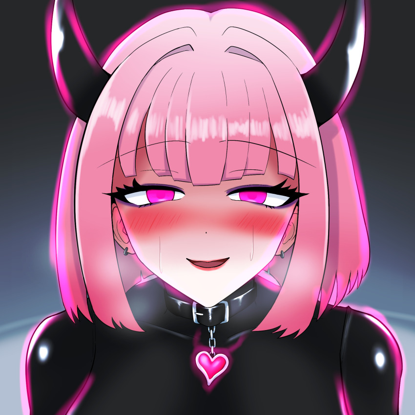 aura blush bodysuit breath collar earrings empty_eyes eye_roll female_only femsub glowing gradient_background happy_trance heart heavy_eyelids horns latex looking_at_viewer makeup original pink_eyes pink_hair rubber short_hair simple_background smile solo sweat toxinpink