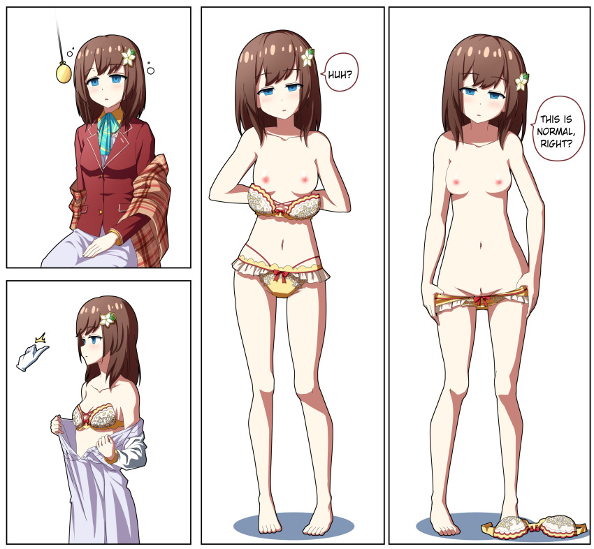 absurdres altered_perception blush breasts brown_hair comic dazed dialogue etlabsotwe expressionless female_only femsub hana_macchia nijisanji open_mouth pendulum pocket_watch short_hair text topless unaware undressing virtual_youtuber