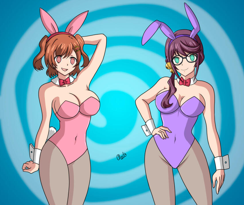 alerith bangs bow_tie breasts brown_hair bunny_girl bunnysuit cleavage cuffs fake_animal_ears fake_tail female_only femsub glasses green_eyes hair_clips hair_ornament hand_on_head hand_on_hip happy_trance junna_hoshimi karen_aijo long_hair looking_at_viewer multiple_girls multiple_subs open_mouth pantyhose red_eyes red_hair short_hair shoujo_kageki_revue_starlight side_ponytail signature smile spiral_background spiral_eyes symbol_in_eyes twintails watermark