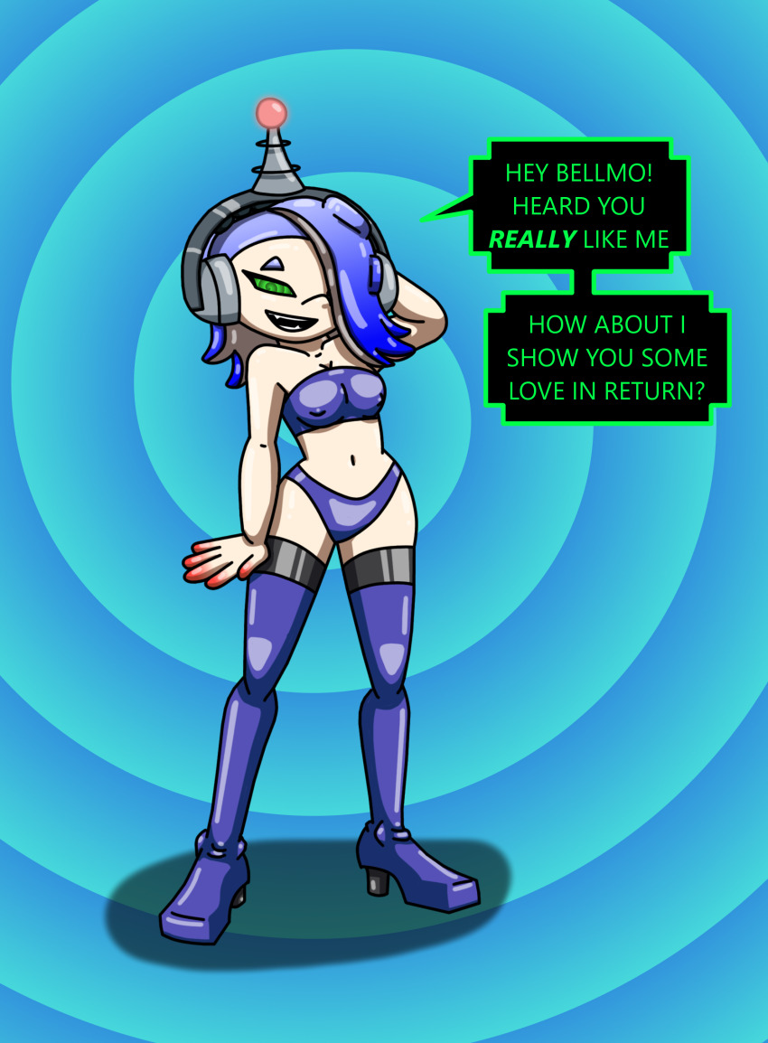 absurdres antenna blue_hair cleavage_cutout collarbone dialogue erect_nipples_under_clothes female_only fembot femsub green_eyes hair_covering_one_eye hand_on_head happy_trance headphones high_heels latex long_hair looking_at_viewer midriff nintendo octoling open_mouth posing robotic_trance shiver_(splatoon) small_breasts smile speech_bubble spiral_background spiralwash_eyes splatoon splatoon_3 standing supertechno324 swimsuit tech_control text thigh_boots thighhighs