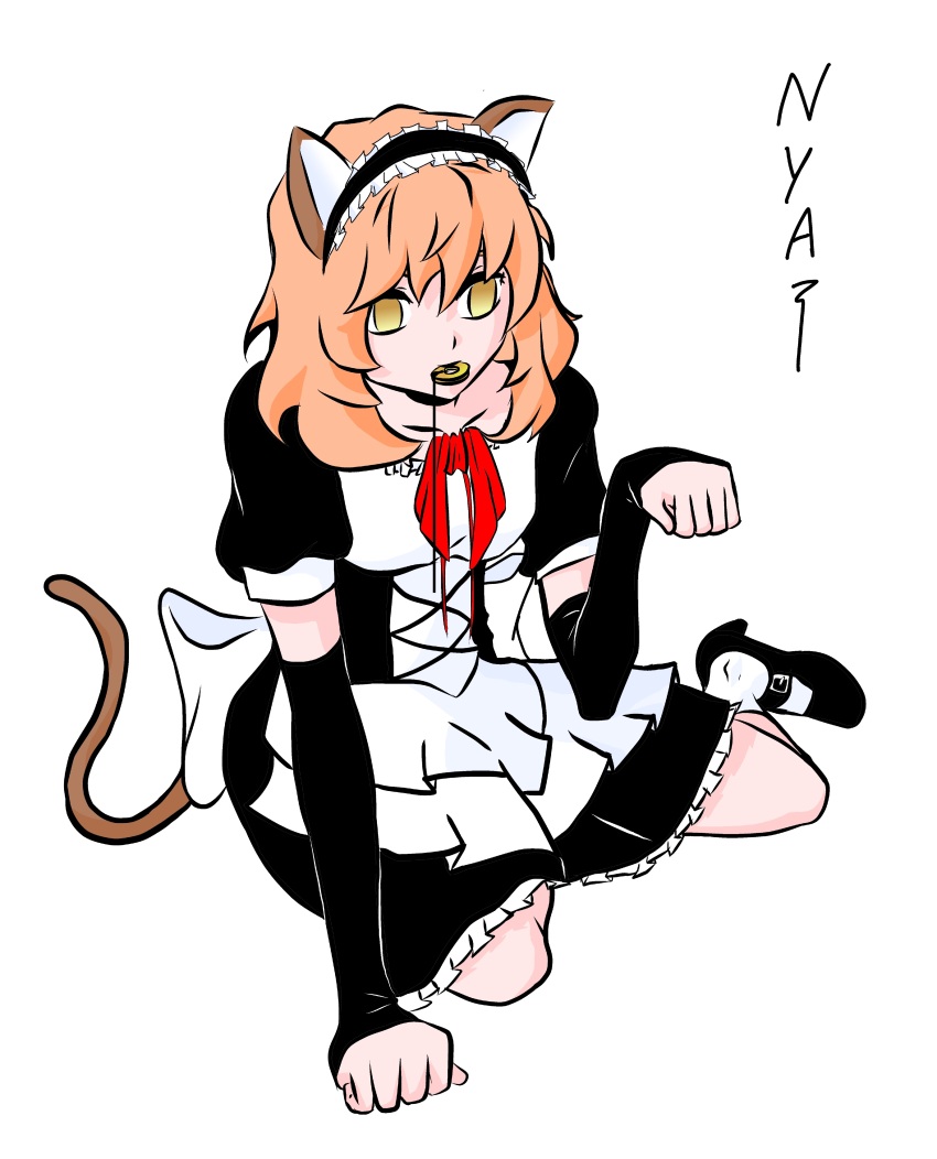absurdres breasts cat_girl coin empty_eyes etlabsotwe fake_animal_ears fake_tail female_only femsub maid orange_hair original pet_play short_hair sketch small_breasts text traditional