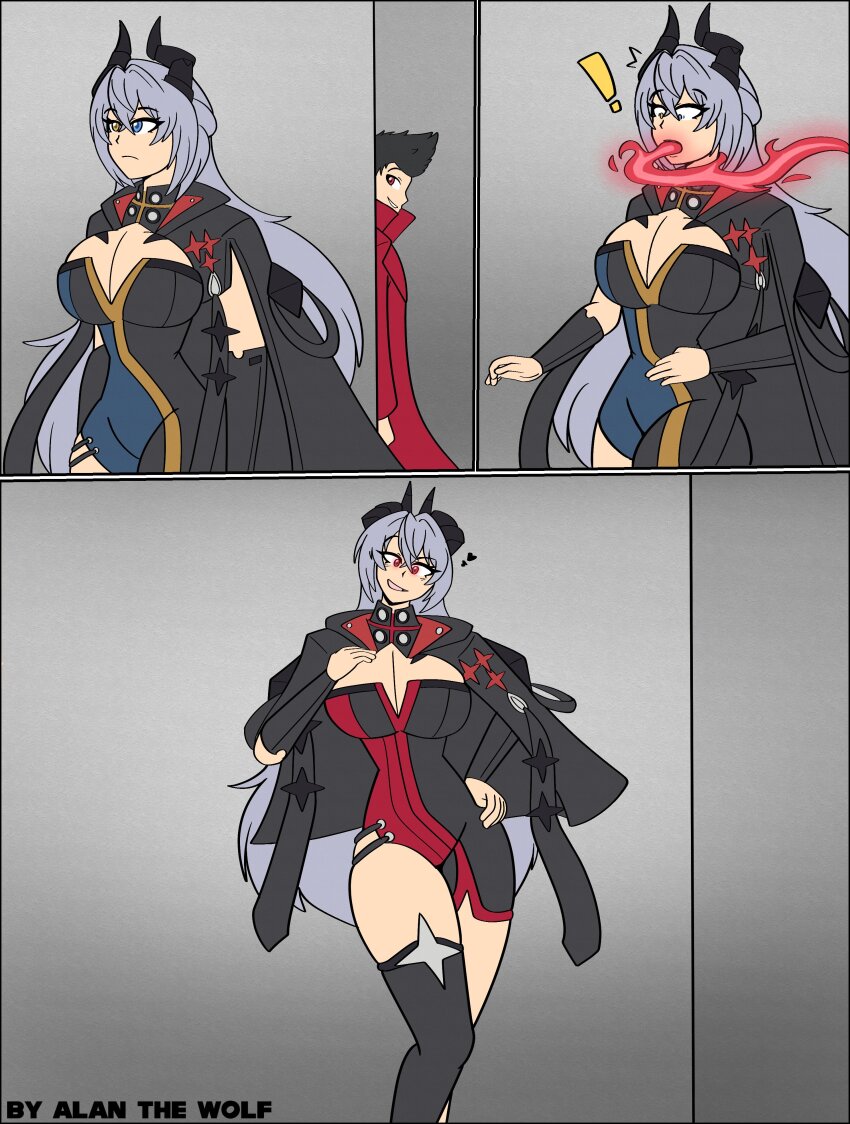 a_(adzrcool45) alan_the_wolf alternate_costume black_hair blue_eyes blush breast_fondling breasts character_request cleavage coat comic costume eldreda_sunbringer eye_color_change femsub glowing_eyes hand_on_hip heart heterochromia heterosexual holding_breasts large_breasts long_hair looking_back maledom oral original possession red_eyes short_hair surprised symbol thighhighs thighs very_long_hair yellow_eyes zenless_zone_zero