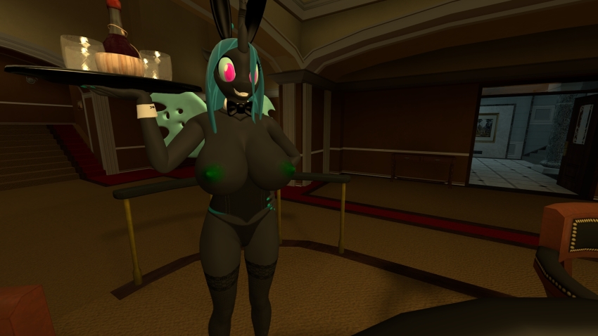 3d breasts bunny_ears bunnysuit cuffs cyan_hair discolored_nipples erect_nipples female_only femsub furry glowing glowing_eyes happy_trance horns horse_girl hypnoticespeon large_breasts long_hair my_little_pony nipples open_clothes original pink_eyes queen queen_chrysalis smile solo waitress western wings