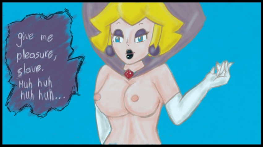 blonde_hair blue_eyes breasts corruption dialogue earrings erect_nipples evil_smile female_only femdom femsub gloves jewelry large_breasts lipstick nintendo opera_gloves paper_mario paper_mario:_the_thousand_year_door possession princess princess_peach shadow_queen short_hair sketch smile super_mario_bros. text topless