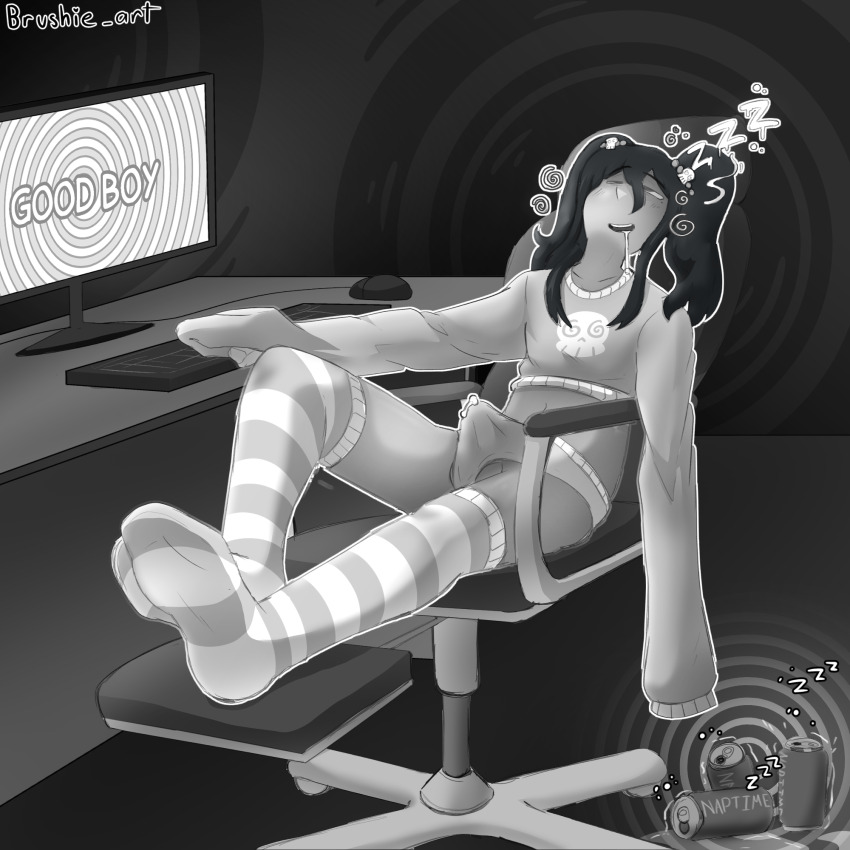 brushie_art chair computer cum drool erection erection_under_clothes femboy greyscale hoodie hypnotic_drink male_only malesub midriff navel sketch sleeping sleepy socks solo spiral tagme text