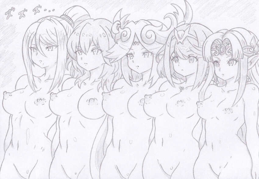 a_link_between_worlds banshou bottomless breasts byleth_eisner circlet cleavage earrings empty_eyes expressionless female_only femsub fire_emblem fire_emblem_three_houses goddess greyscale kid_icarus large_breasts long_hair metroid_(series) mole monochrome multiple_girls multiple_subs nintendo nipples nude palutena ponytail princess_zelda pyra_(xenoblade) samus_aran sketch standing standing_at_attention super_smash_bros. the_legend_of_zelda topless xenoblade_chronicles xenoblade_chronicles_2