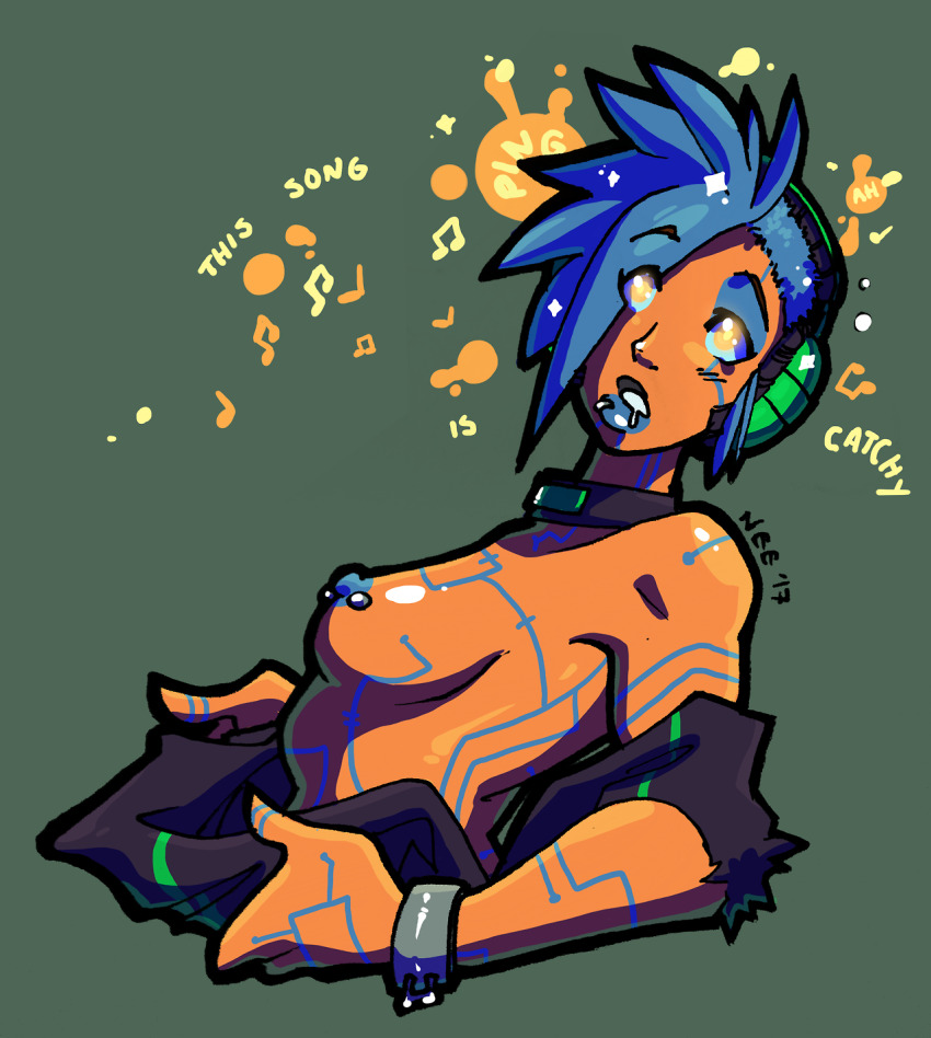 blue_hair breasts collar dialogue femsub glowing glowing_eyes headphones hypnotic_audio hypnotic_music large_breasts neo-edo-exican open_clothes open_mouth original piercing short_hair simple_background text trish_(medrifogmatio)