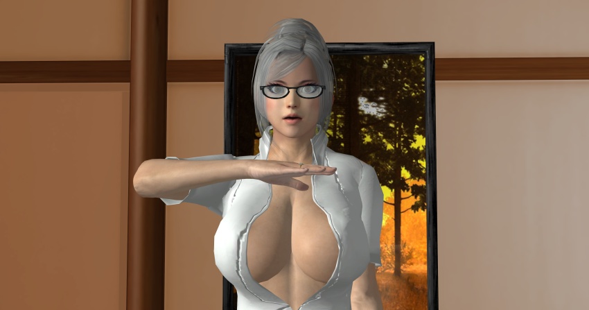 3d absurdres bobboxbody breasts expressionless female_only femsub glasses large_breasts meiko_shiraki open_shirt prison_school ring saluting silver_hair