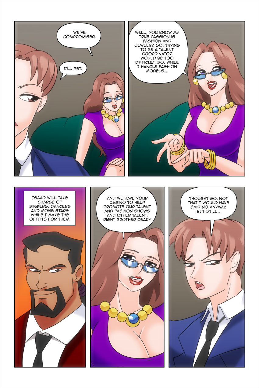 absurdres angela_smith_(daveyboysmith9) breasts brown_eyes brown_hair cleavage comic david_smith_(daveyboysmith9) glasses isaad_(acc) large_breasts long_hair necklace ponytail purple_eyes red_lipstick short_hair sunglasses text wadevezecha