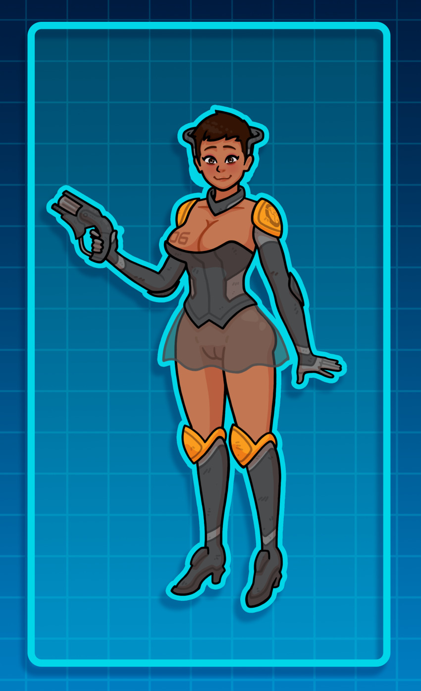 absurdres armor brown_eyes brown_hair cleavage clothed_exposure collarbone dark_skin gloves gun happy_trance high_heels knee-high_boots kneehighs large_breasts no_panties opera_gloves original overwatch pharah pussy see-through sexism skirt smile tattoo tech_control unlikely weapon