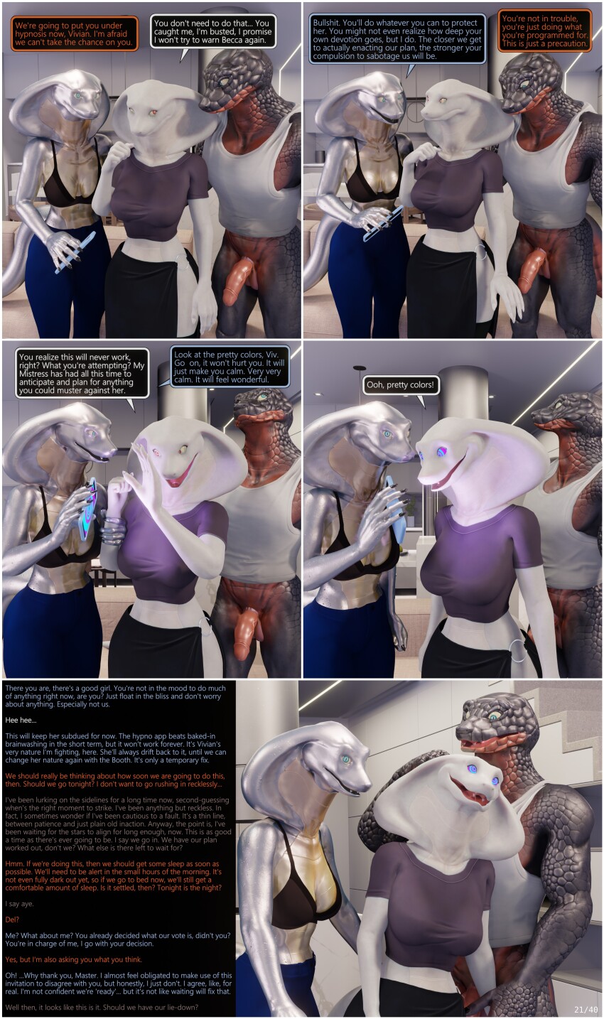 3d baxie_(thalarynth) bottomless caption comic complex_background del_(thalarynth) dialogue femdom femsub furry happy_trance hypnotic_app hypnotic_screen hypnotized_hypnotist ian_(thalarynth) instant_loss maledom multiple_doms original phone pov pov_dom scalie snake_boy snake_girl speech_bubble spiral_eyes tank_top text thalarynth_(manipper) vivian_(thalarynth)