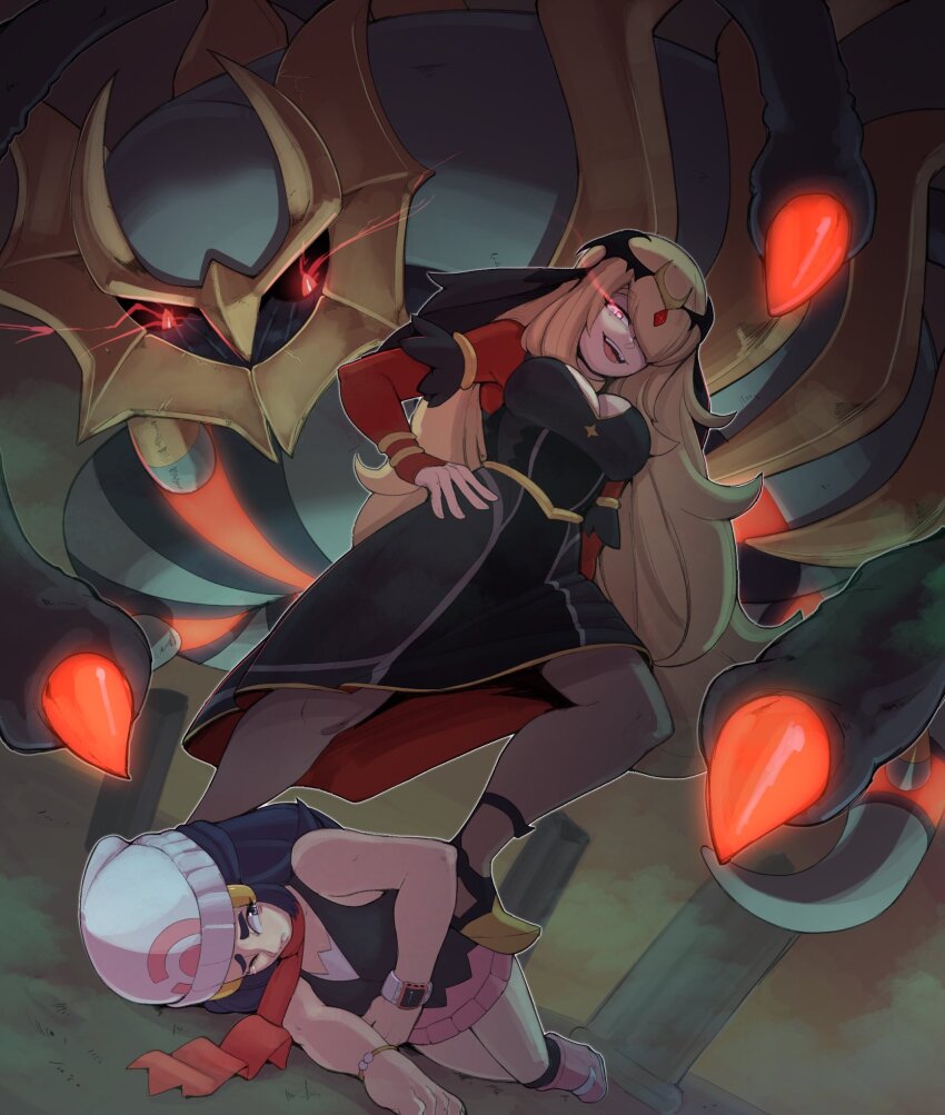 aura blonde_hair blue_hair clothed cynthia dawn evil_smile eye_color_change femsub giratina glowing_eyes hair_covering_one_eye hand_on_hip hypnotized_dom long_hair nintendo nudiedoodles pokemon pokemon_(creature) pokemon_diamond_pearl_and_platinum pokemon_masters possession red_eyes slit_pupils smile stepped_on