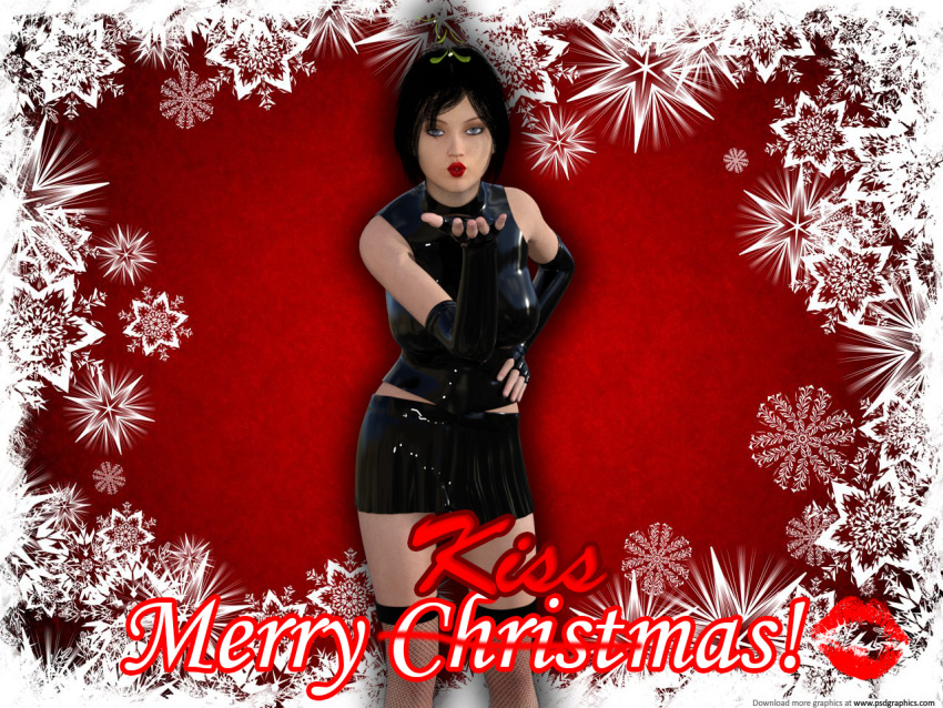 3d breasts christmas female_only hypnotic_kiss kissing kisstress_(theheckle) large_breasts latex mistletoe original solo text theheckle watermark