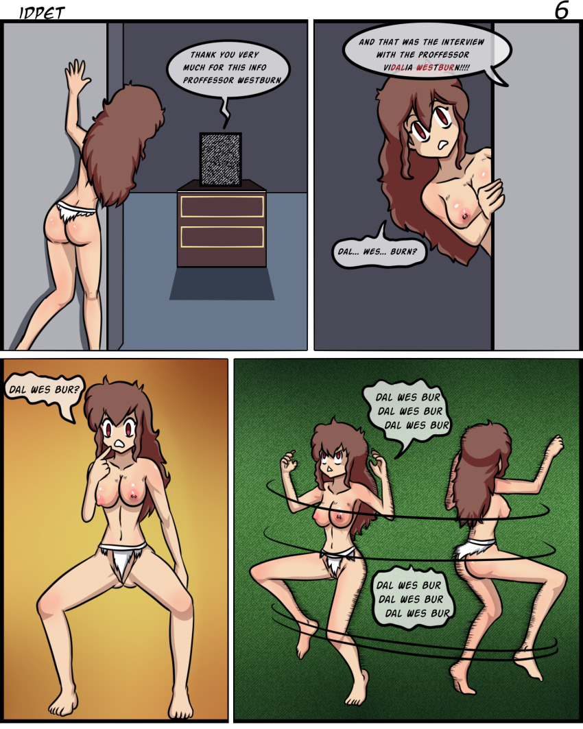 accidental_hypnosis breasts brown_hair cave_girl femsub idpet ponytail self_hypnosis text vidalia_(madjacks)