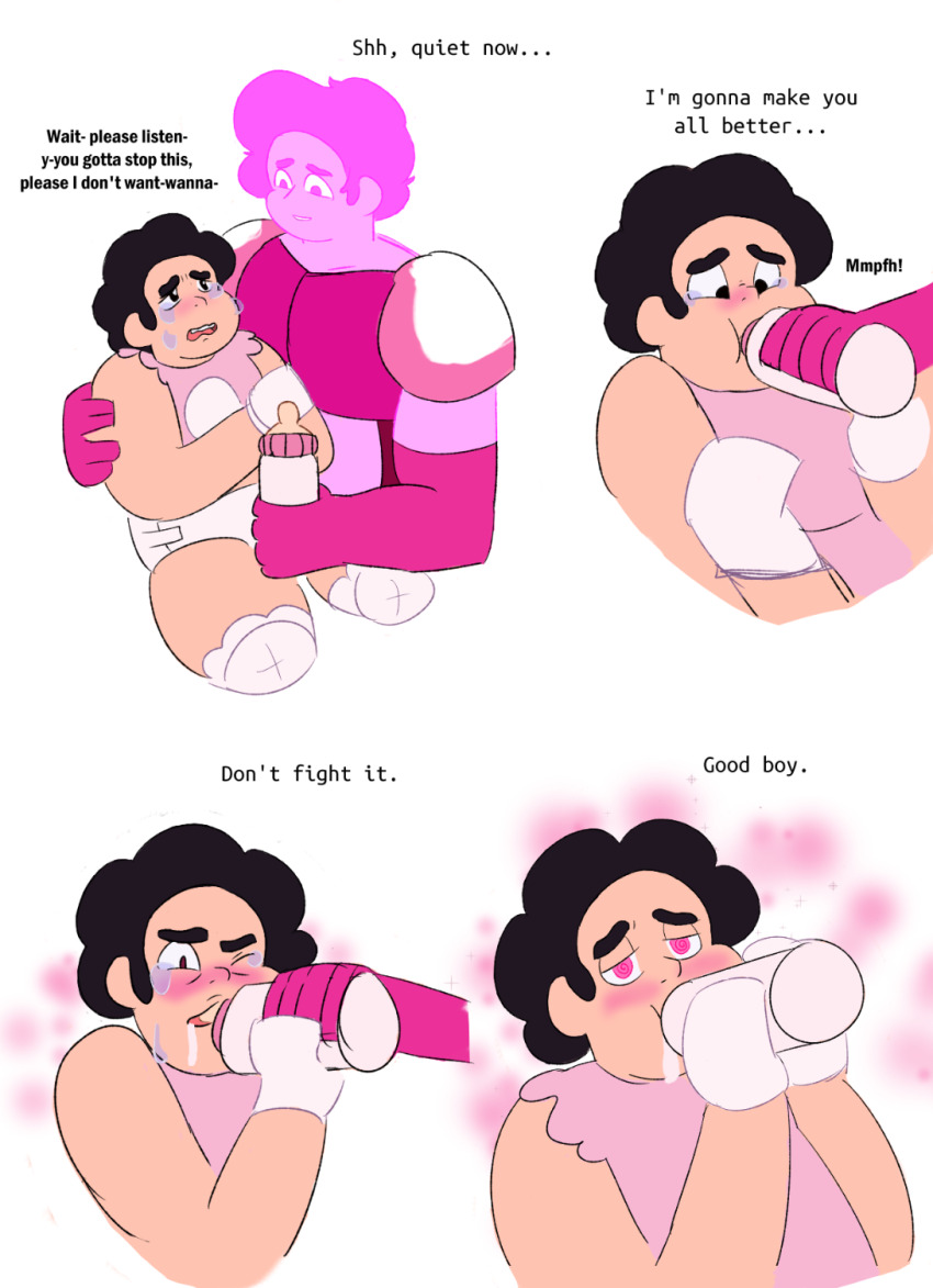 age_regression amputee bib black_hair blush bottle cartoon_network diaper dual_persona fat force_feeding male_only maledom malesub mittens pink_eyes pink_hair resisting rosesnorts spiral_eyes steven_(steven_universe) steven_universe symbol_in_eyes tears text