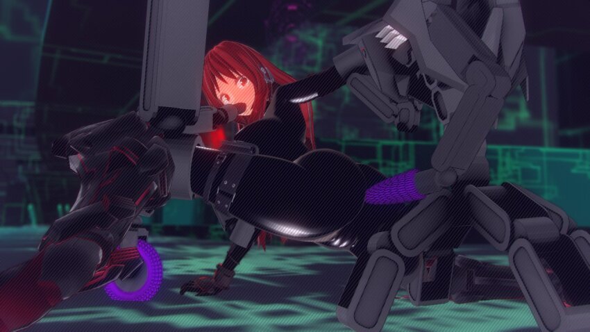 3d akane_(killy_cm3d2) ass blush bodysuit boots cameltoe camera custom_maid_3d_2 dildo female_only femsub headphones killy_cm3d2 large_breasts latex original red_eyes red_hair restrained robot rubber sex_machine solo spread_legs tears