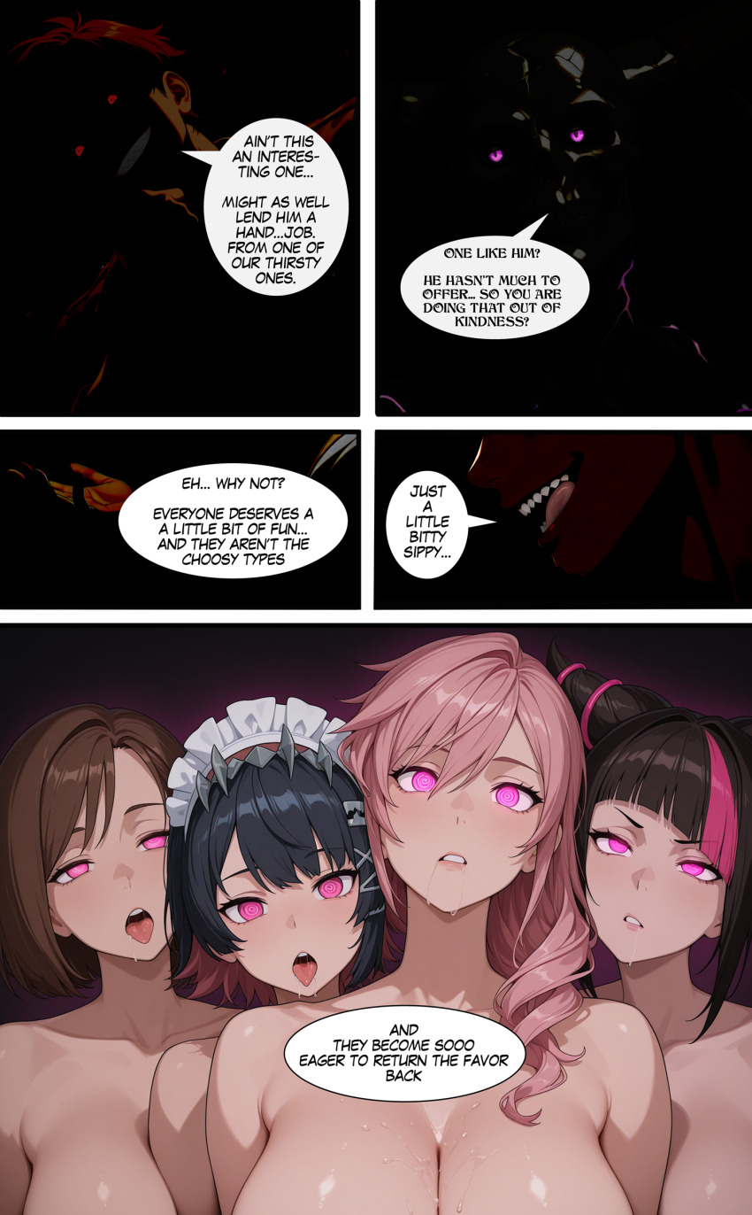 ai_art black_hair breasts comic dollmundus_(rule_of_thetra) drool ellen_joe english_text evil_smile femsub final_fantasy_xiii glowing glowing_eyes jill_valentine juri_han large_breasts lightning_farron long_hair maid_headdress maledom multiple_boys multiple_doms multiple_girls multiple_subs original pink_hair red_eyes regulus_(rule_of_thetra) resident_evil resident_evil_3_remake rule_of_thetra_(generator) rule_of_thetra_(manipper) shark_girl sharp_teeth short_hair smile spiral_eyes stable_diffusion_(ai) story street_fighter symbol_in_eyes text veins zenless_zone_zero