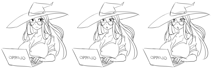 breasts cleavage computer drool femsub greyscale hat hypnotic_screen large_breasts long_hair manip monochrome original sketch spiral_eyes symbol_in_eyes tech_control tiechonortheal_(manipper) traditional witch_hat