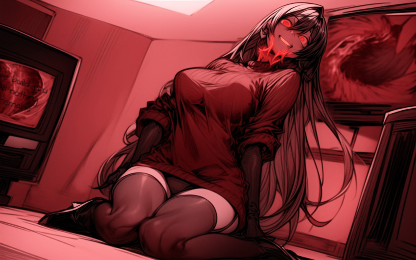 ai_art breasts control english_text erect_nipples erect_nipples_under_clothes female_only femsub high_heels hypnosisisgreat_(manipper) kneeling large_breasts laughing monochrome panties red_background smile solo stable_diffusion_(ai) sweater thighhighs tv upskirt