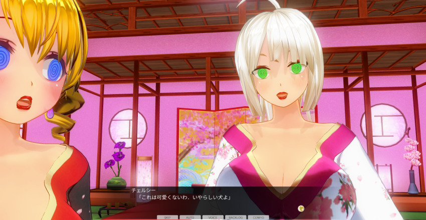 3d blonde_hair blue_eyes blush breasts curly_hair dialogue female_only femsub green_eyes japanese_clothing kamen_writer_mc kimono large_breasts lipstick mc_trap_town multiple_girls multiple_subs ponytail red_lipstick screenshot spiral_eyes symbol_in_eyes text translated twintails white_hair