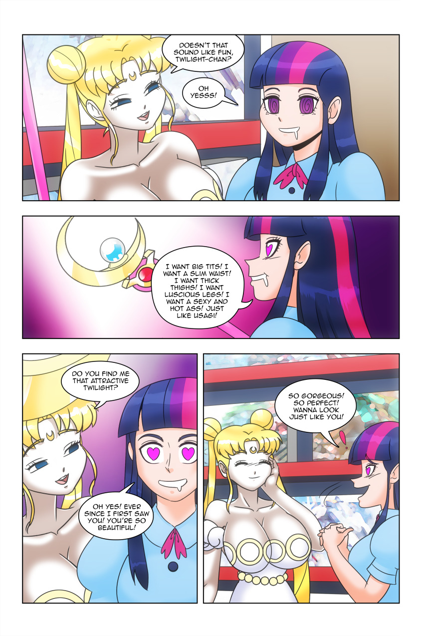 bare_shoulders blonde_hair blue_eyes cleavage comic crystal dress drool empty_eyes equestria_girls facial_markings female_only femdom femsub hair_buns heart_eyes hypnotic_accessory hypnotic_magic large_breasts long_hair multicolored_hair my_little_pony princess purple_eyes sailor_moon sailor_moon_(series) spiral_eyes staff story text twilight_sparkle twintails wadevezecha western