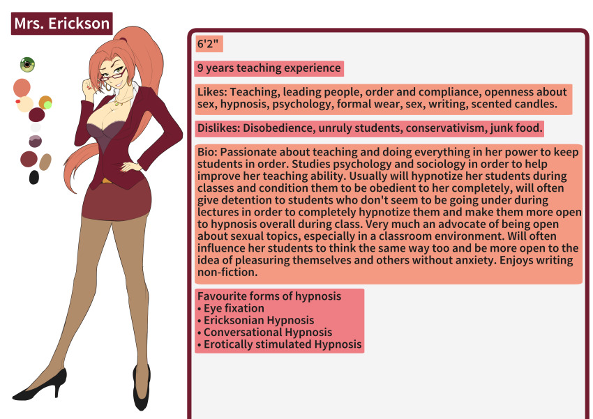 absurdres breasts caption character_profile cleavage earrings glasses green_eyes high_heels jewelry large_breasts mrs._erickson_(zko) necklace orange_hair original pantyhose ponytail reference_sheet teacher text zko